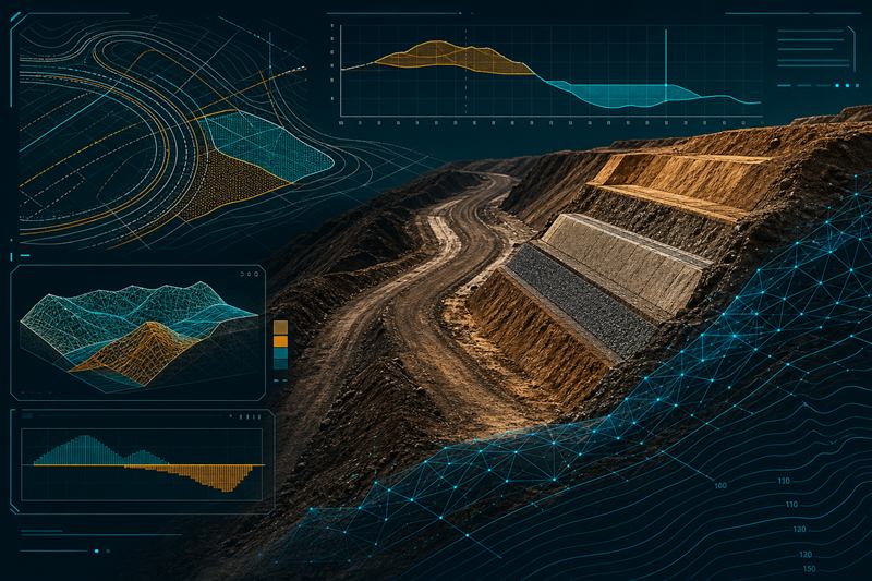 Visual tecnico moderno de terraplenagem com volumes de corte e aterro