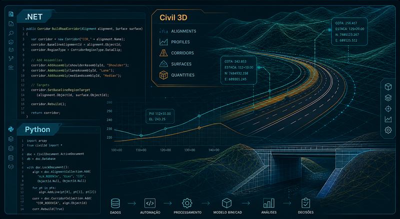 Interface tecnica com .NET, Python e Civil 3D aplicados a engenharia de infraestrutura
